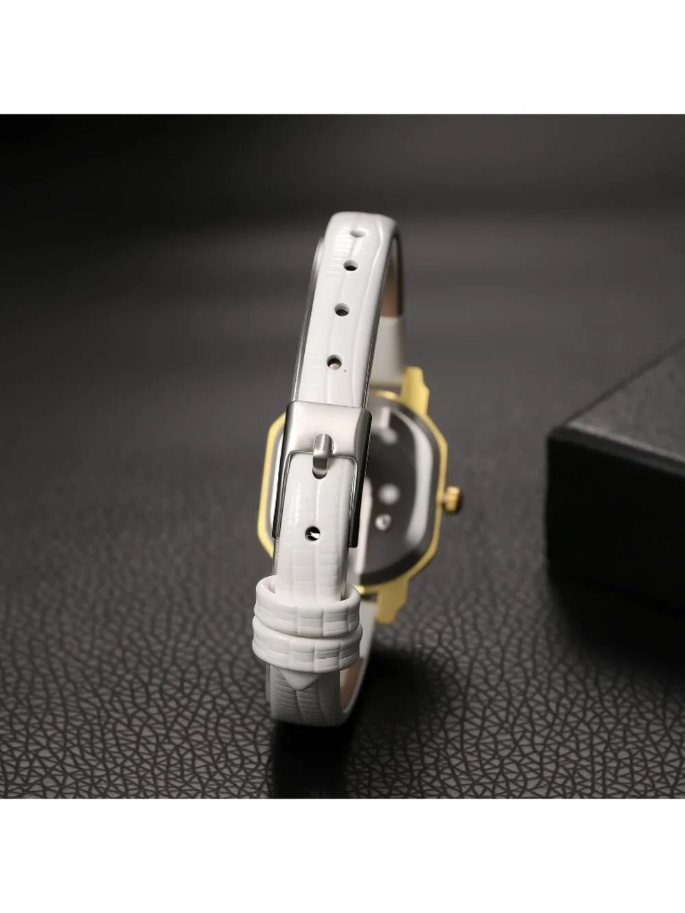 Women's White Ultra-Thin Square Dial Adjustable PU Leather Strap Wrist Watch